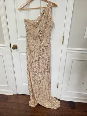 Miss Ord Gold Medium Sequin One Shoulder Maxi Dress Formal Gown NWT